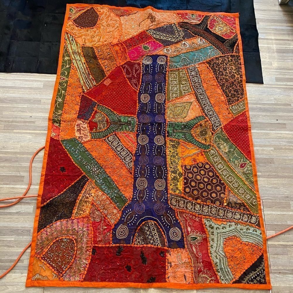 100% silk Indian beaded wall decor, 39x58 inch, handmade